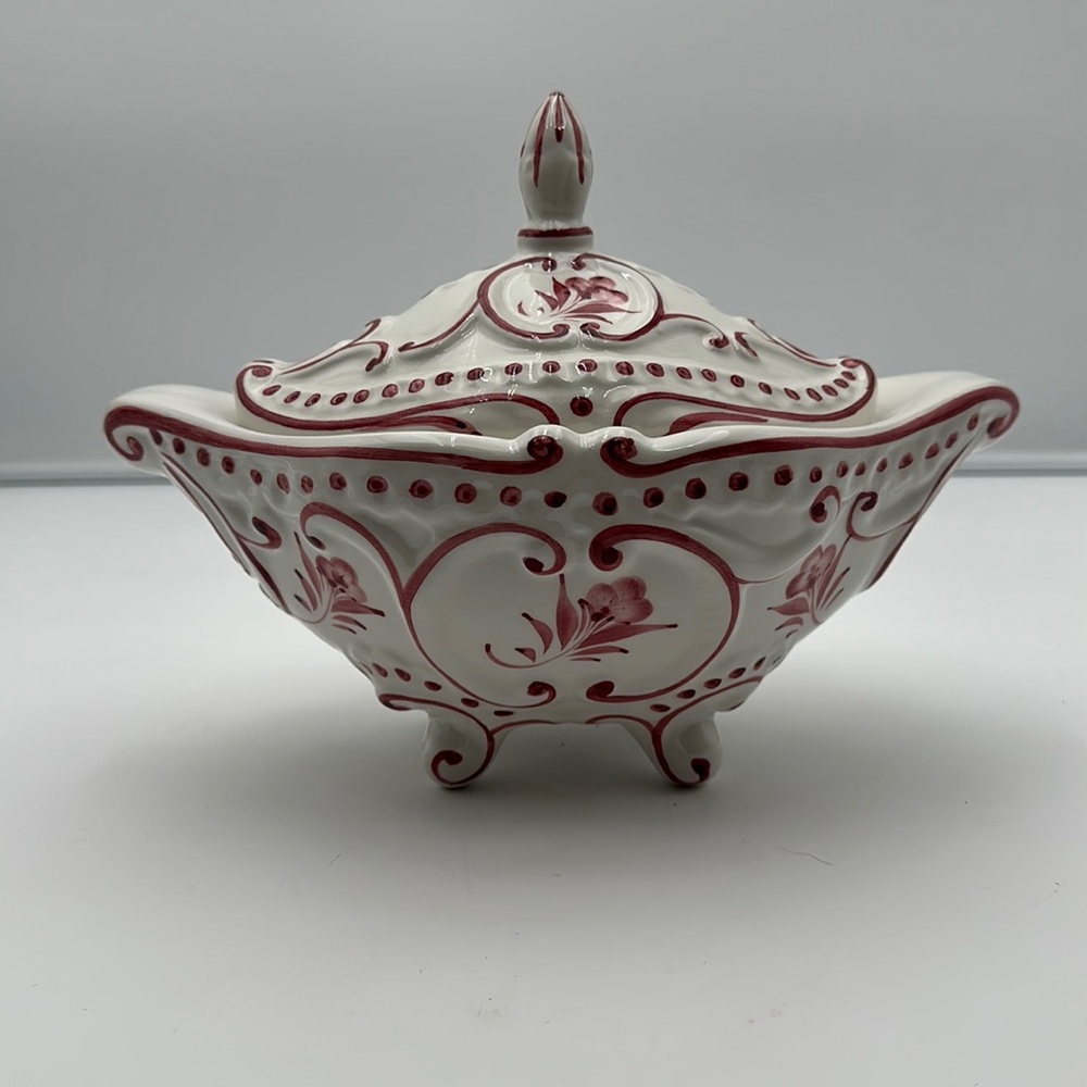Vintage RCCL, Portugal footed, hand painted, lidded dish, pink and white decor